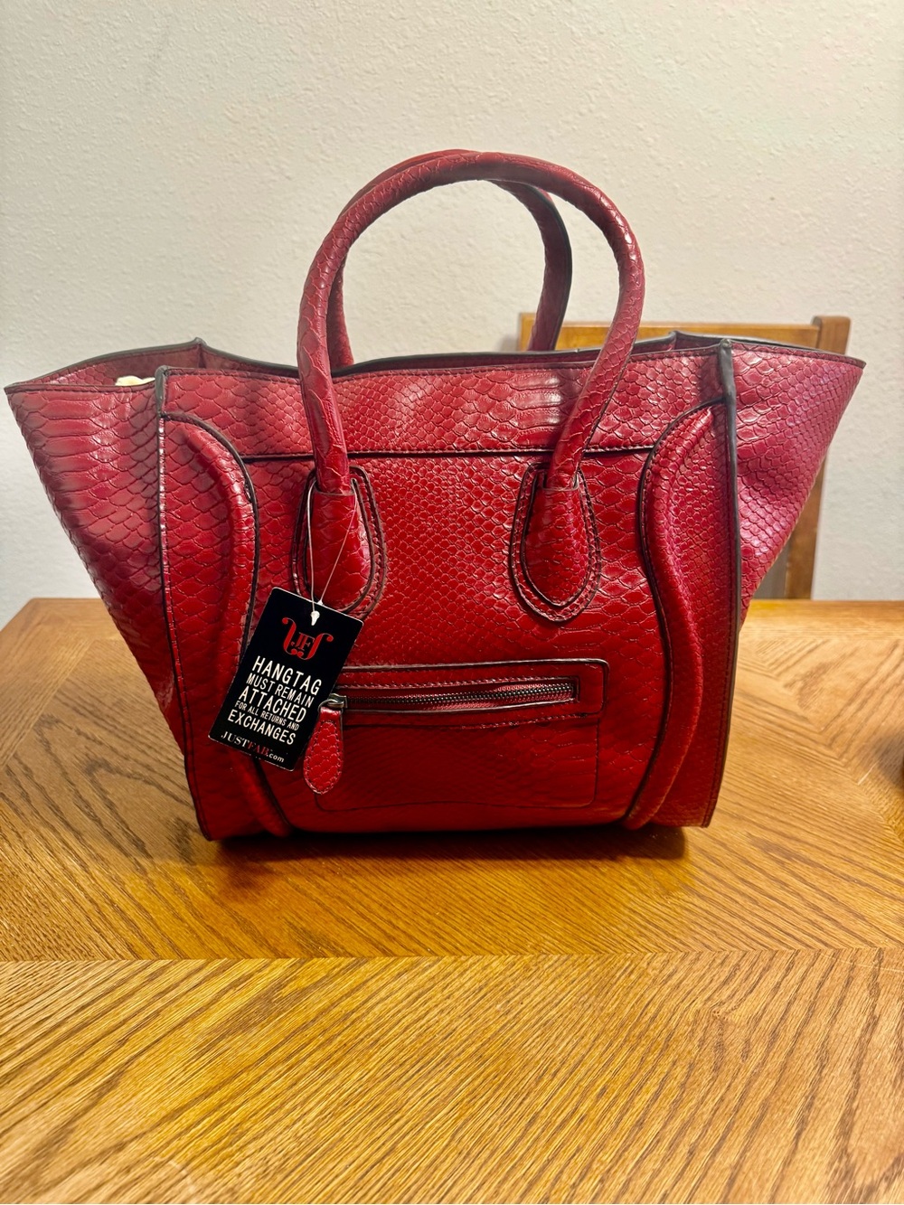 JustFab Red Faux Snakeskin Satchel Tote Shoulder Bag Structured Vegan Leather